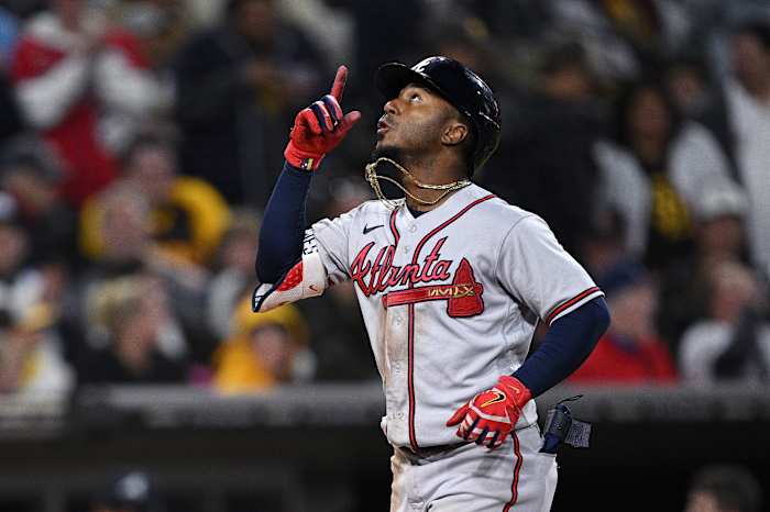 Apr 18, 2023; San Diego, California, USA; Atlanta Braves second baseman Ozzie Albies (1) gestures while rounding the bases after hitting a three-run home run during the eighth inning against the San Diego Padres at Petco Park.